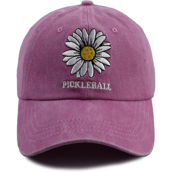 Women's Pickleball Embroidered Pink Adjustable Cotton Daisy Baseball Hat Cap - Picture 1 of 7